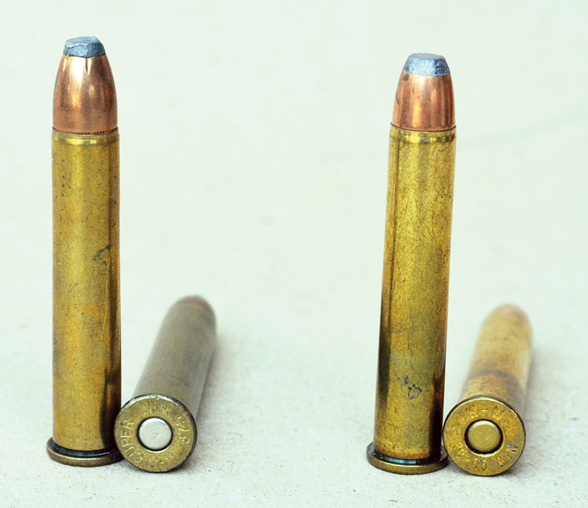 The 375 Winchester (left) is a modern version of the old classic 38-55 Winchester (right) but features a slightly shorter case that is much thicker for greater strength and is loaded to much greater pressures. Standard bullet diameter is .375 inch.